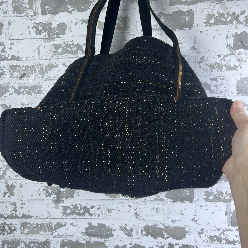 America & Beyond Luxe Love Tote Large Black Gold Pom Poms Tassels Metallic Spark - Picture 6 of 16